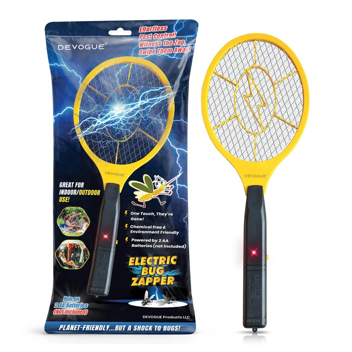 Yellow plastic handheld bug zapper racket, 44 cm long by 17 cm wide, three-layer mesh head, ergonomic grip