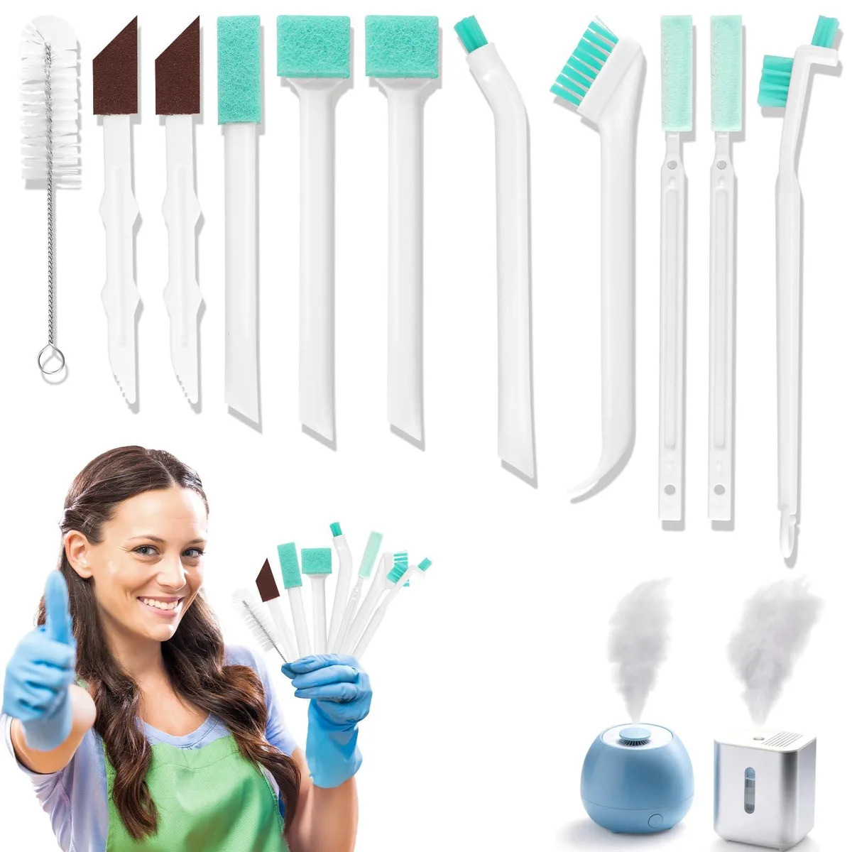 Eleven-piece humidifier cleaning brush set in compact plastic case