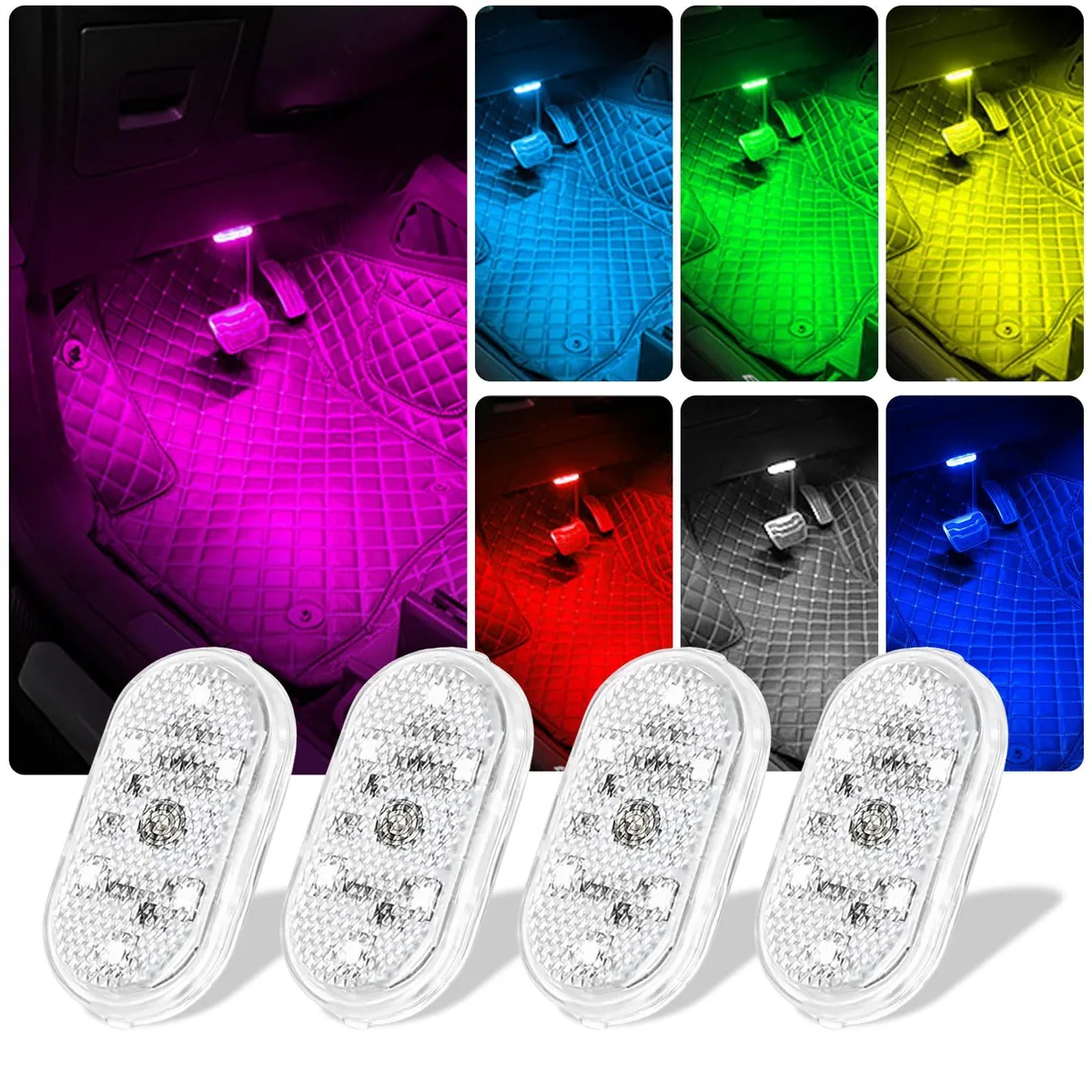 Four small round magnetic LED lights with USB cables
