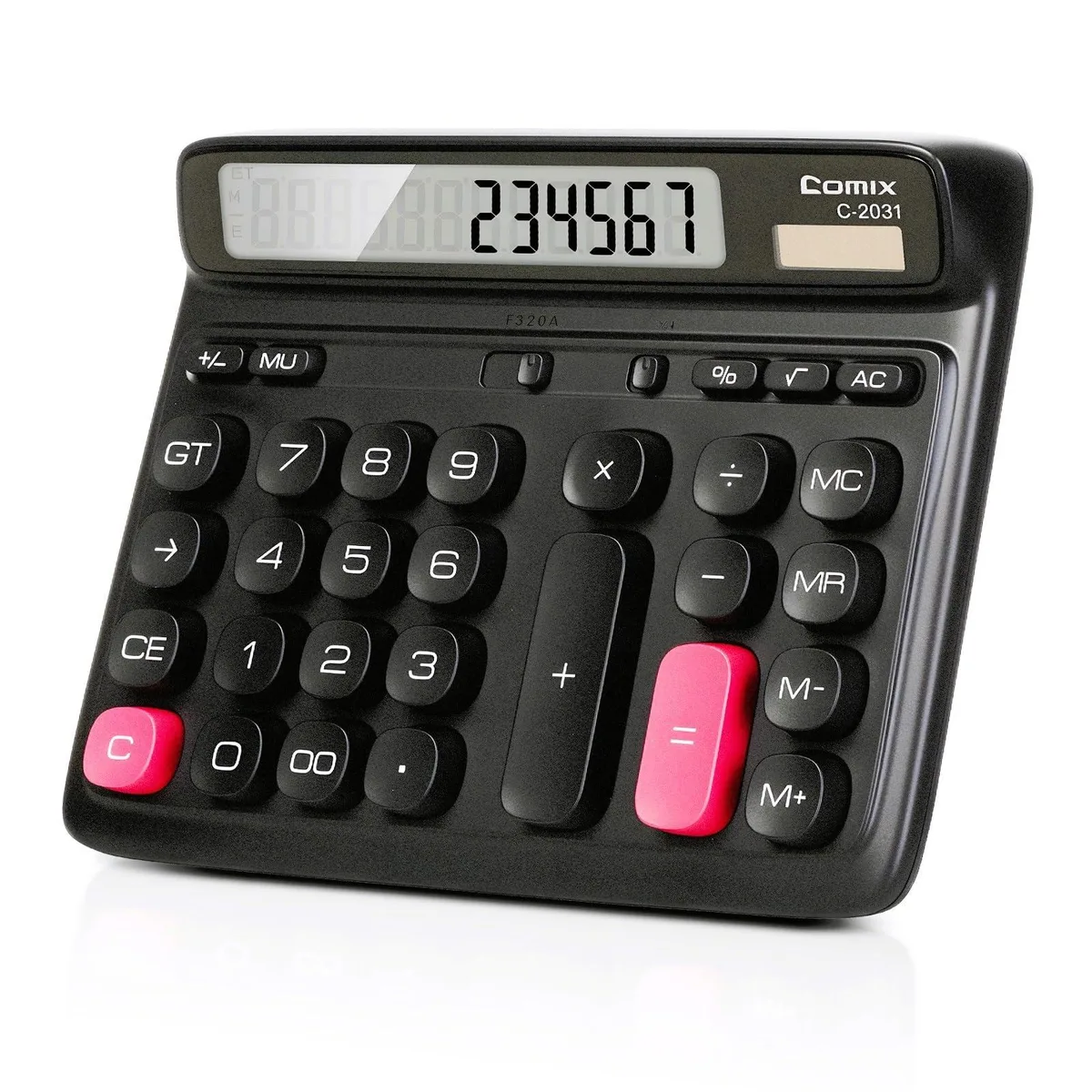 Black desktop calculator with 12-digit tilted LCD and rounded keys