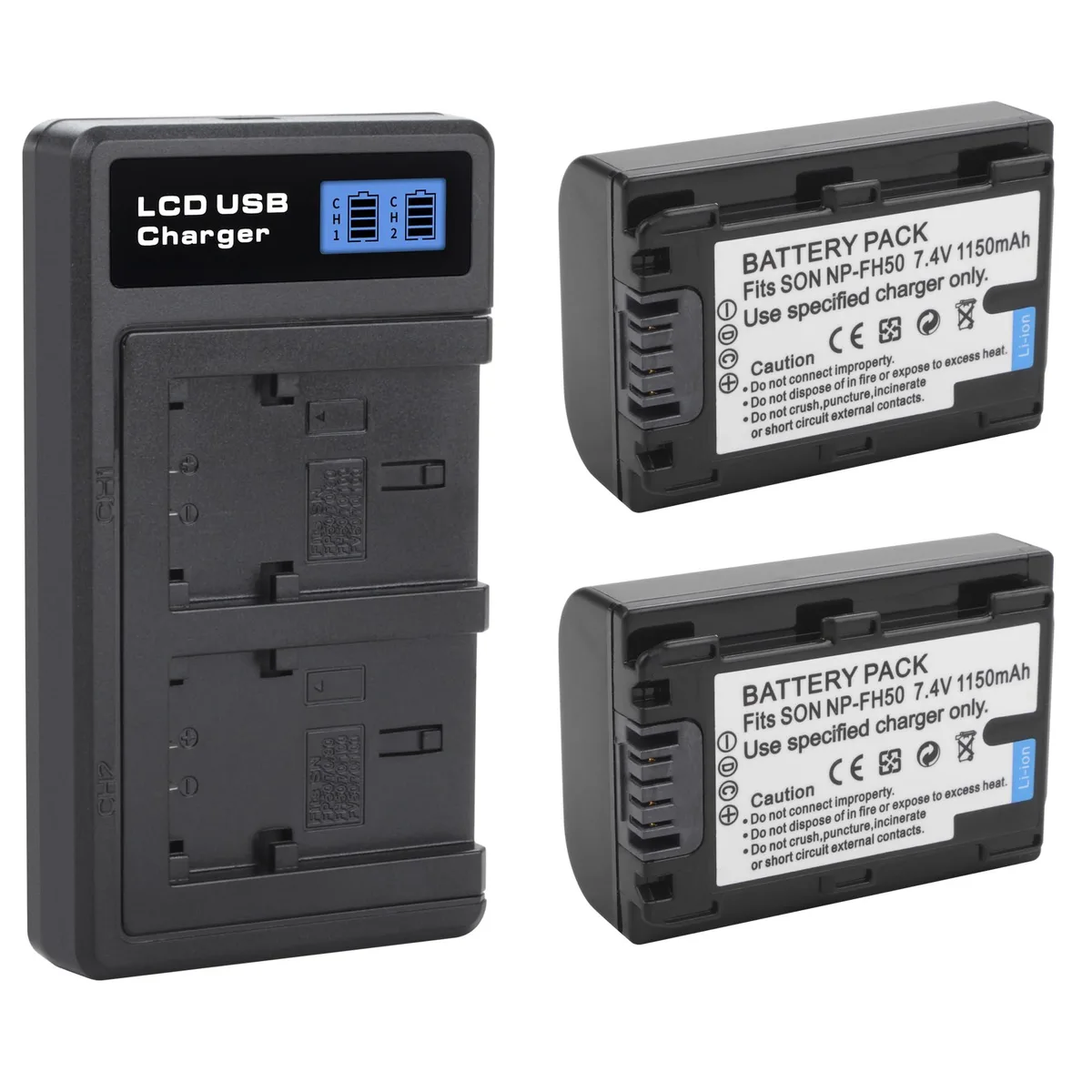 Two rectangular batteries and a dual-slot charger with LCD screen and USB-C cable