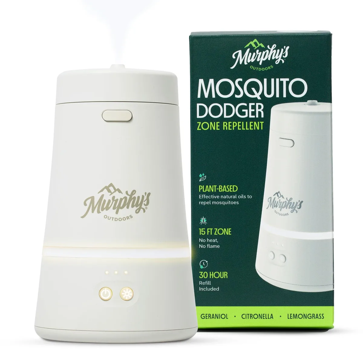 A compact rechargeable repellent device with a sleek matte finish and LED light, includes one refill bottle