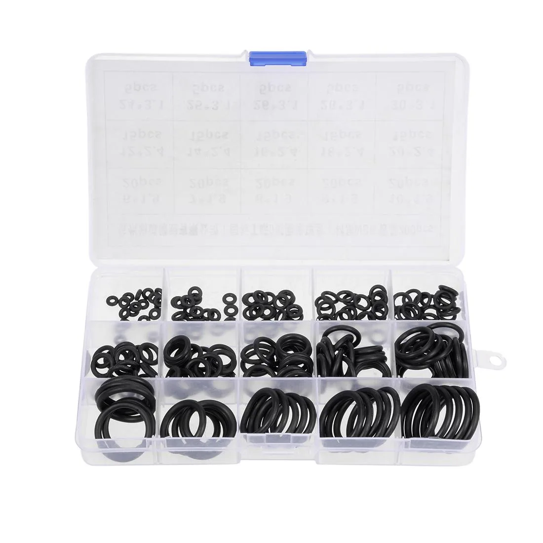 Black nitrile O-ring assortment, 200 pieces in 15 metric sizes, compartment box