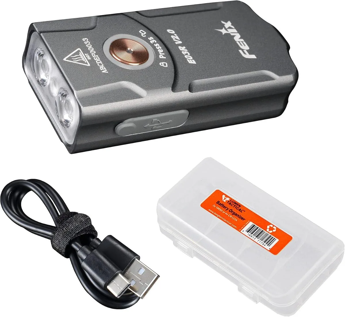 Small grey aluminium keychain flashlight with USB-C port and red LED indicator