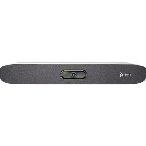 Black rectangular soundbar with integrated 4K camera and microphone array, shelf or wall mountable