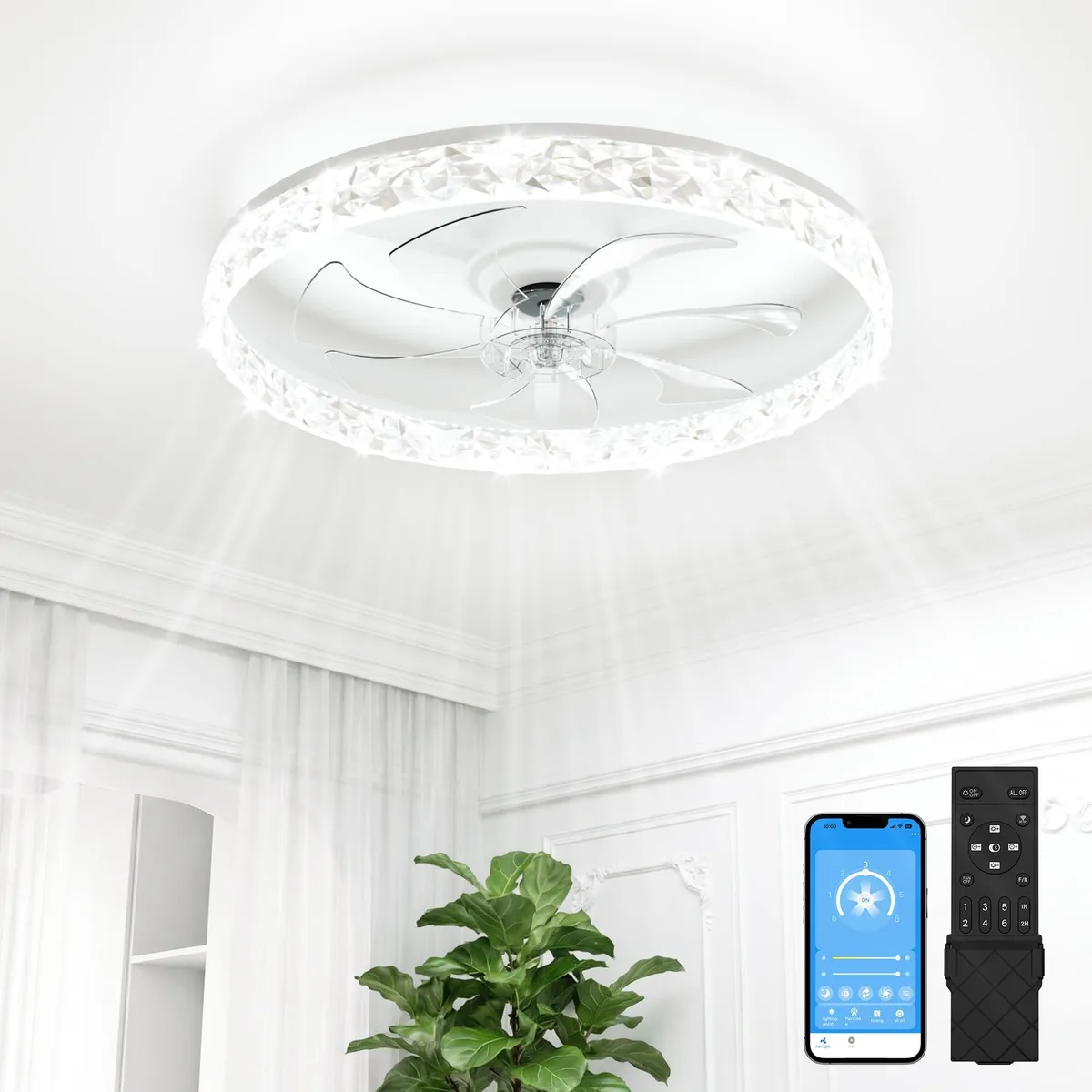 White 24-inch flush-mount ceiling fan with bladeless acrylic light panel, 5.3 inches high