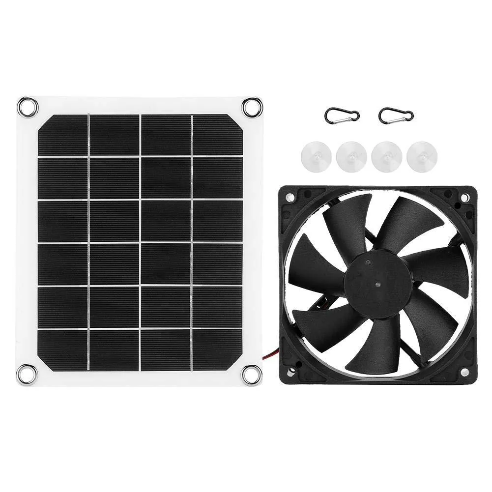 A compact 10W monocrystalline solar panel with a small USB exhaust fan, suction cups and carabiners attached