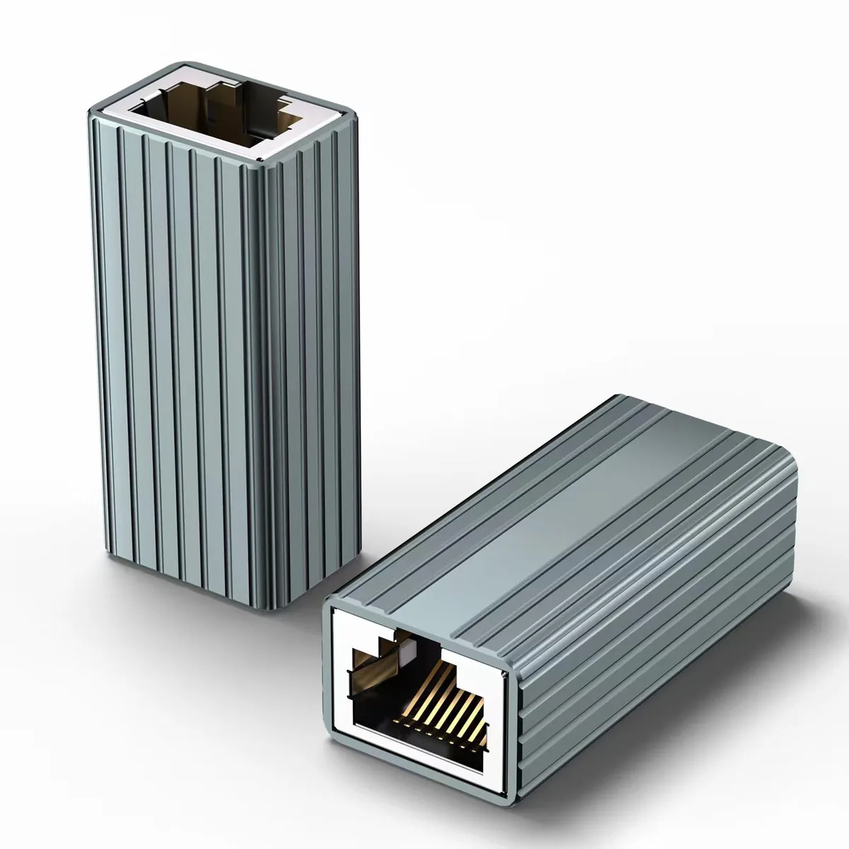 Two gray aluminum RJ45 couplers with gold contacts