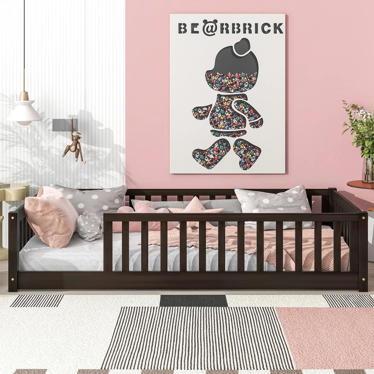 Twin-size floor bed in espresso rubber wood with full safety fence, no door