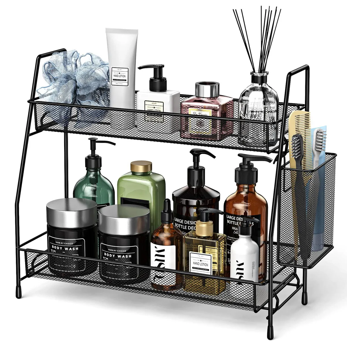 Black two-tier iron shelf, 15 by 5.6 by 13 inches, holds 260 lbs