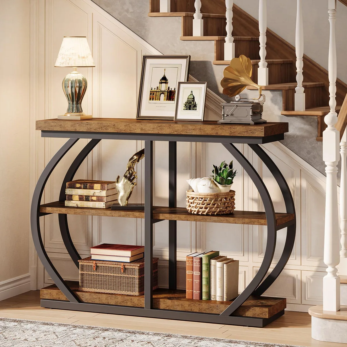 Rustic brown 3-tier console table with dual arched black metal frames, 41.3 inches wide
