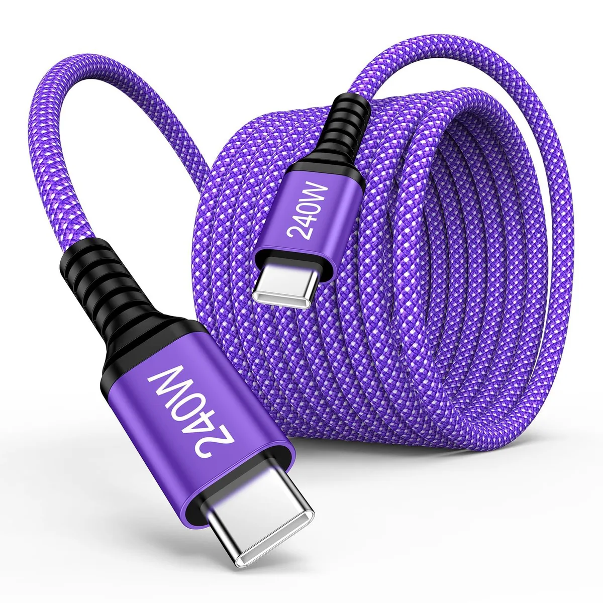 Purple braided USB-C to USB-C cable, ten feet long