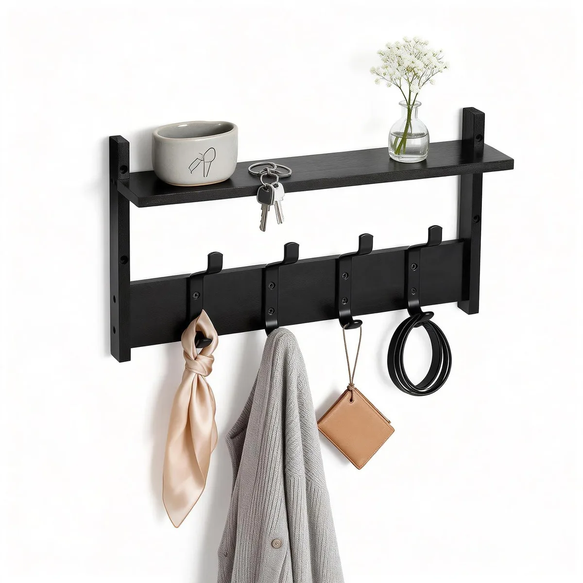 Wall-mounted wooden coat rack with 4.5 inch shelf and four metal hooks