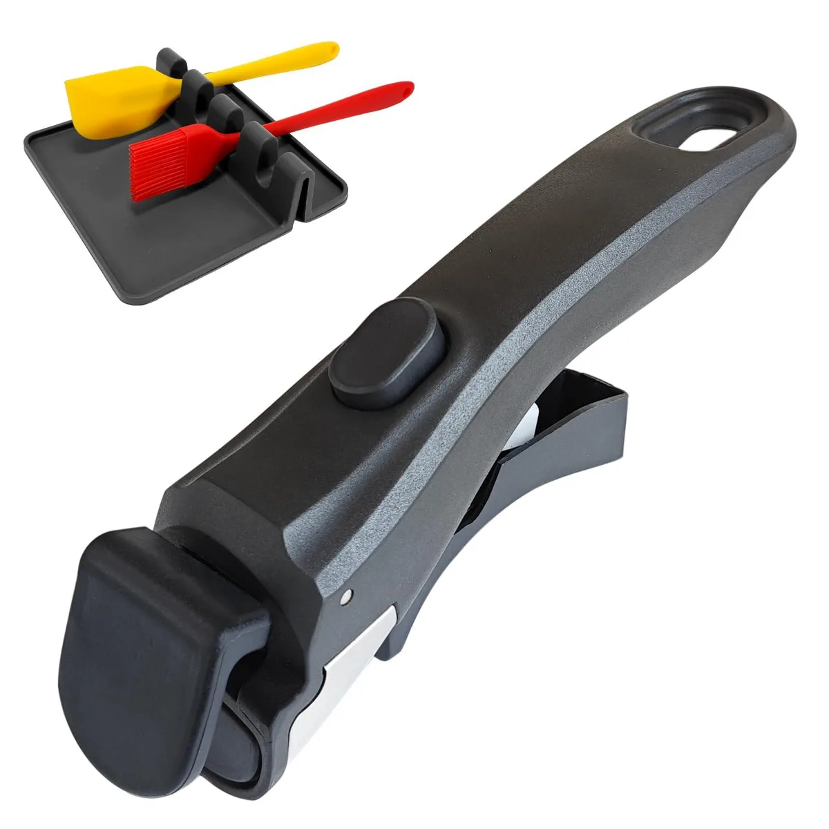 Black removable pot handle with integrated spoon rest, curved matte grip and serrated rubber clamp