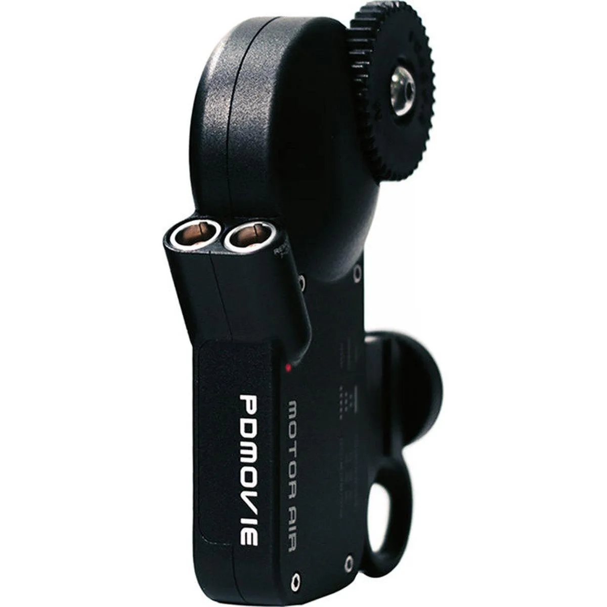 Small rectangular motor in black finish with mounting points and cable connectors
