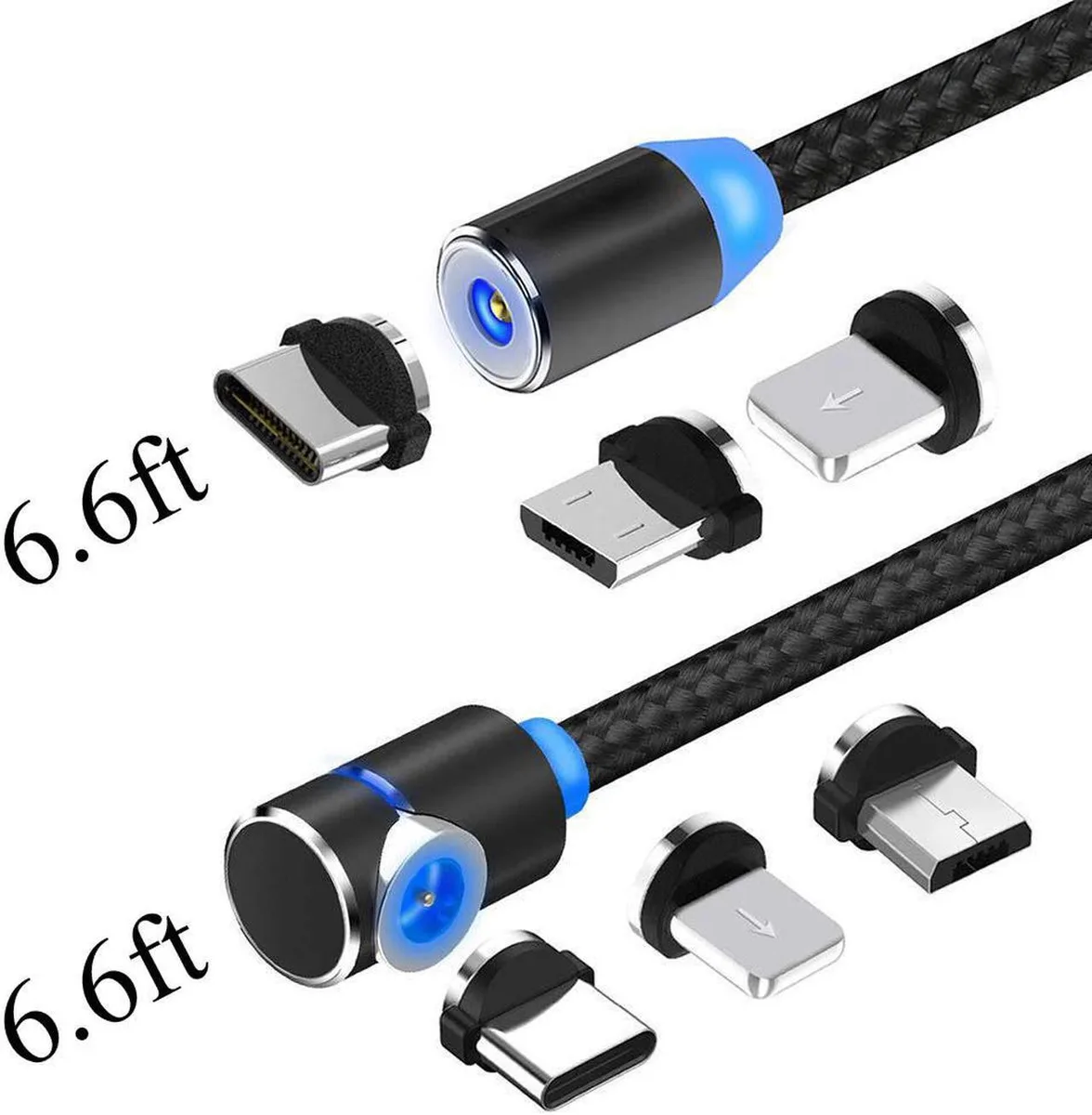 Aomoproing Aomoproing Magnetic USB Charging Cable 3-in-1 LED 2.4A 2-Pack 6.6ft Black — product photo