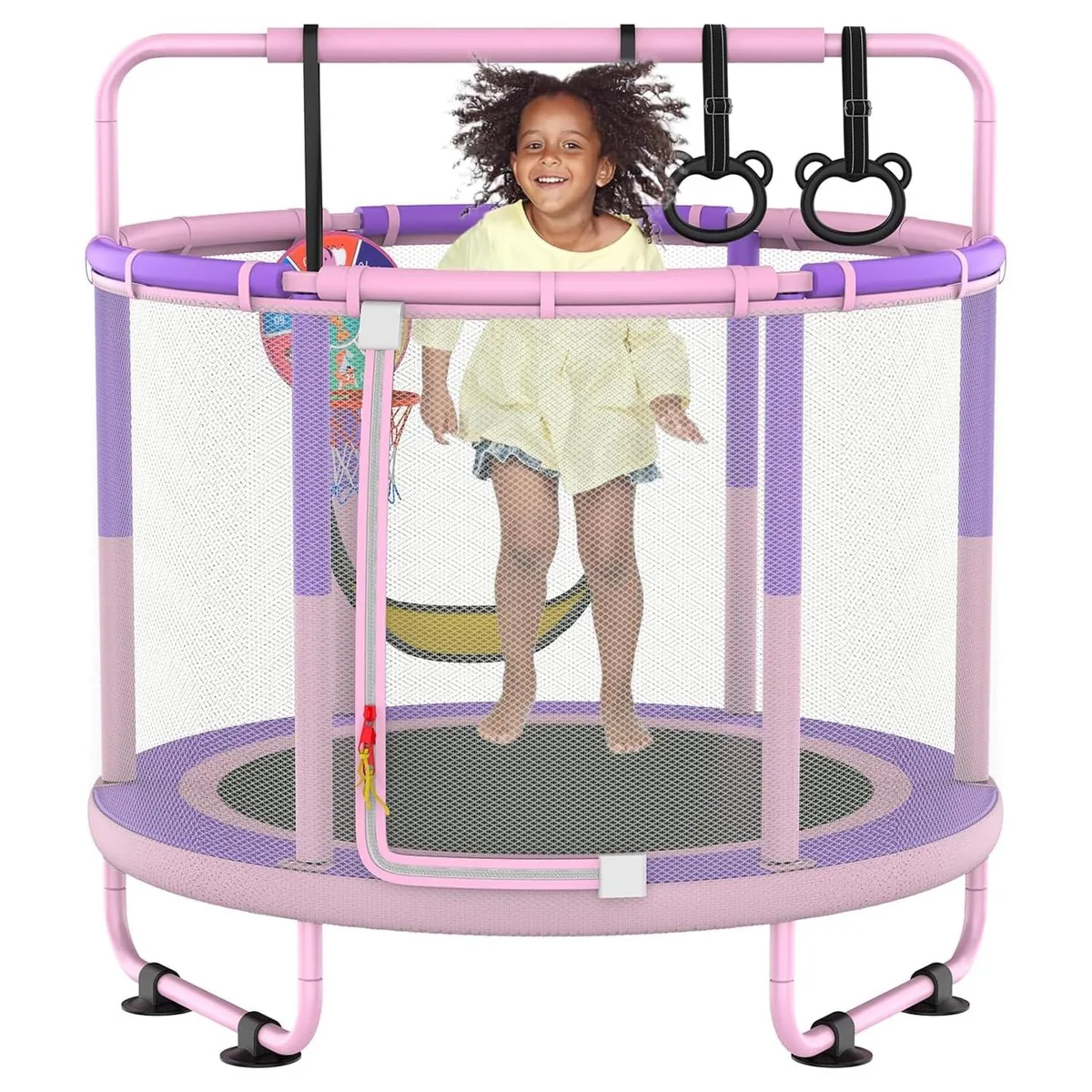 LANGXUN 60" 6-in-1 Trampoline Play Area with Swing, Hoop, Dart Board, Rings — product photo