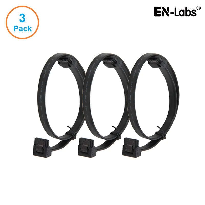 EN-Labs EN-Labs 3PKSATAIII18BKA SATA cable 3-pack 18 inch black straight to 90-degree locking latch — product photo
