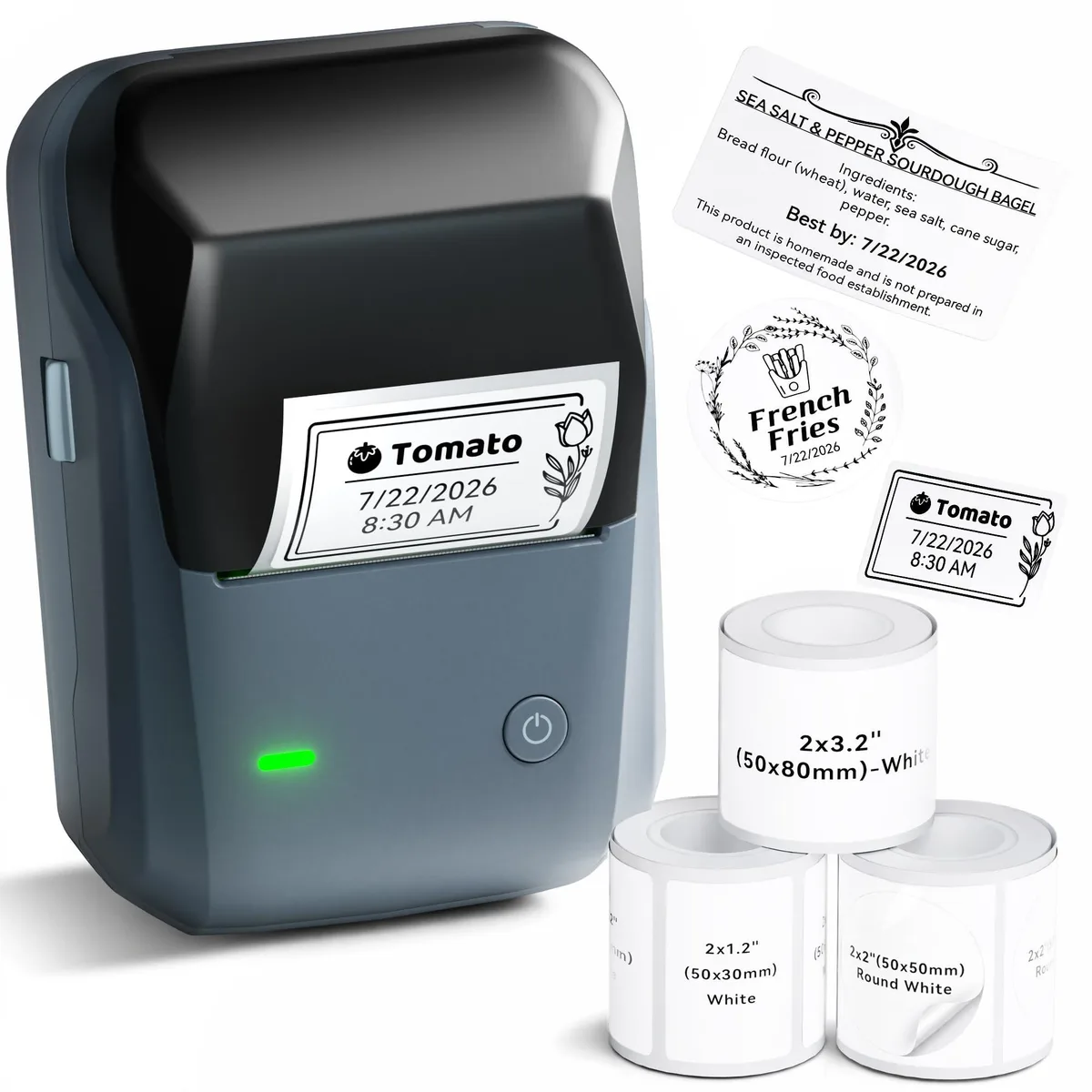 Compact white label printer with three tape rolls and Bluetooth connectivity