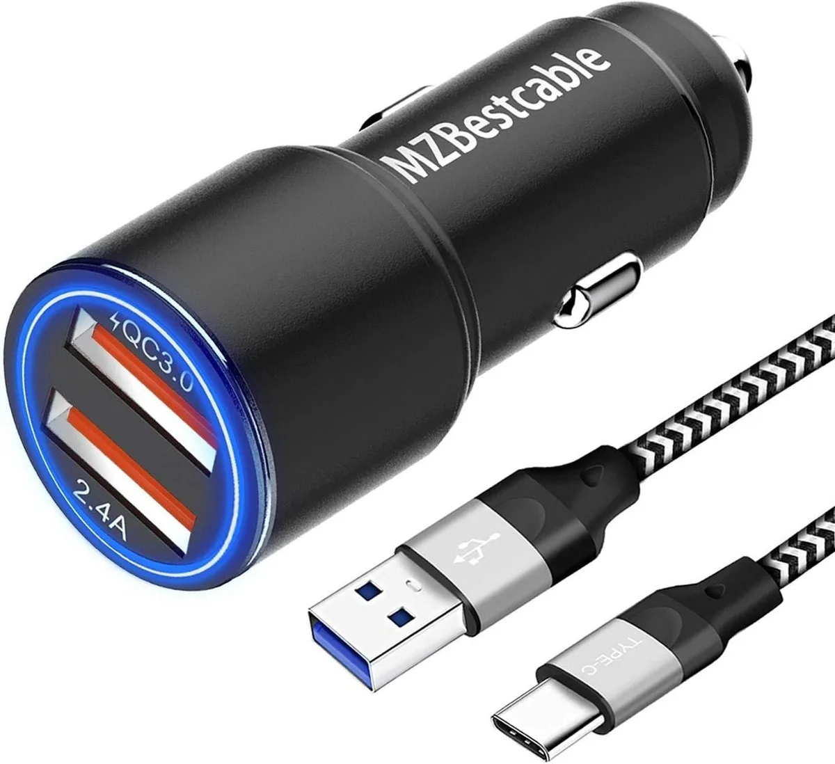 RUOCLRIS RUOCLRIS 30W Dual-Port Car Charger QC 3.0 + 2.4A with 6ft USB-C Cable — product photo