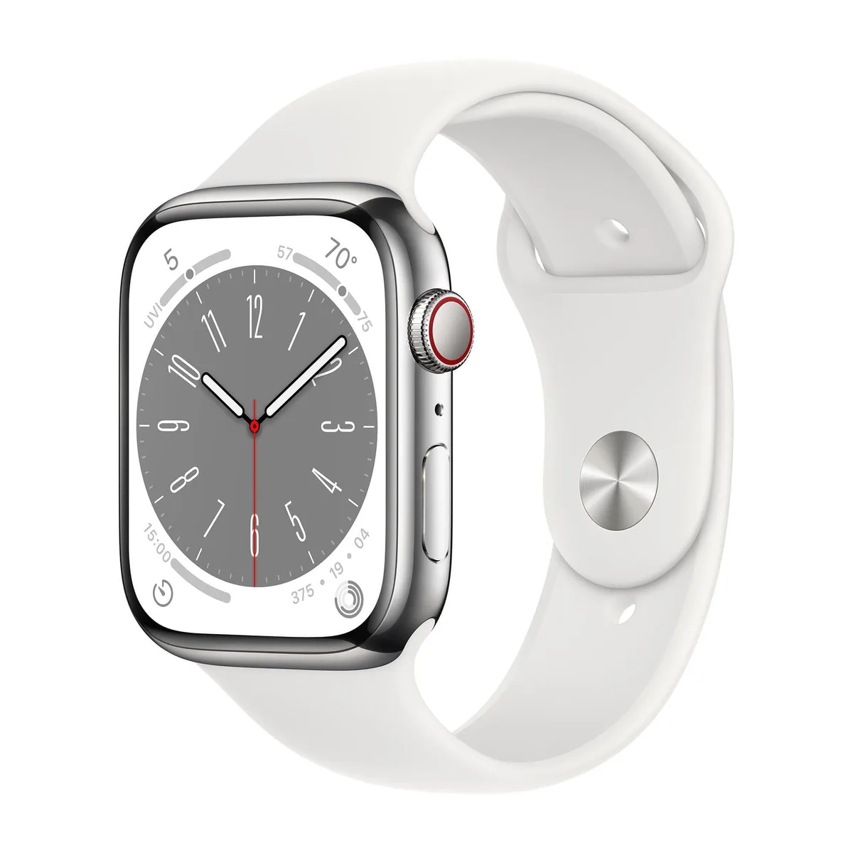 Apple Apple Watch Series 8 45mm GPS + Cellular 32GB Silver Stainless Steel White Sport Band M/L — product photo