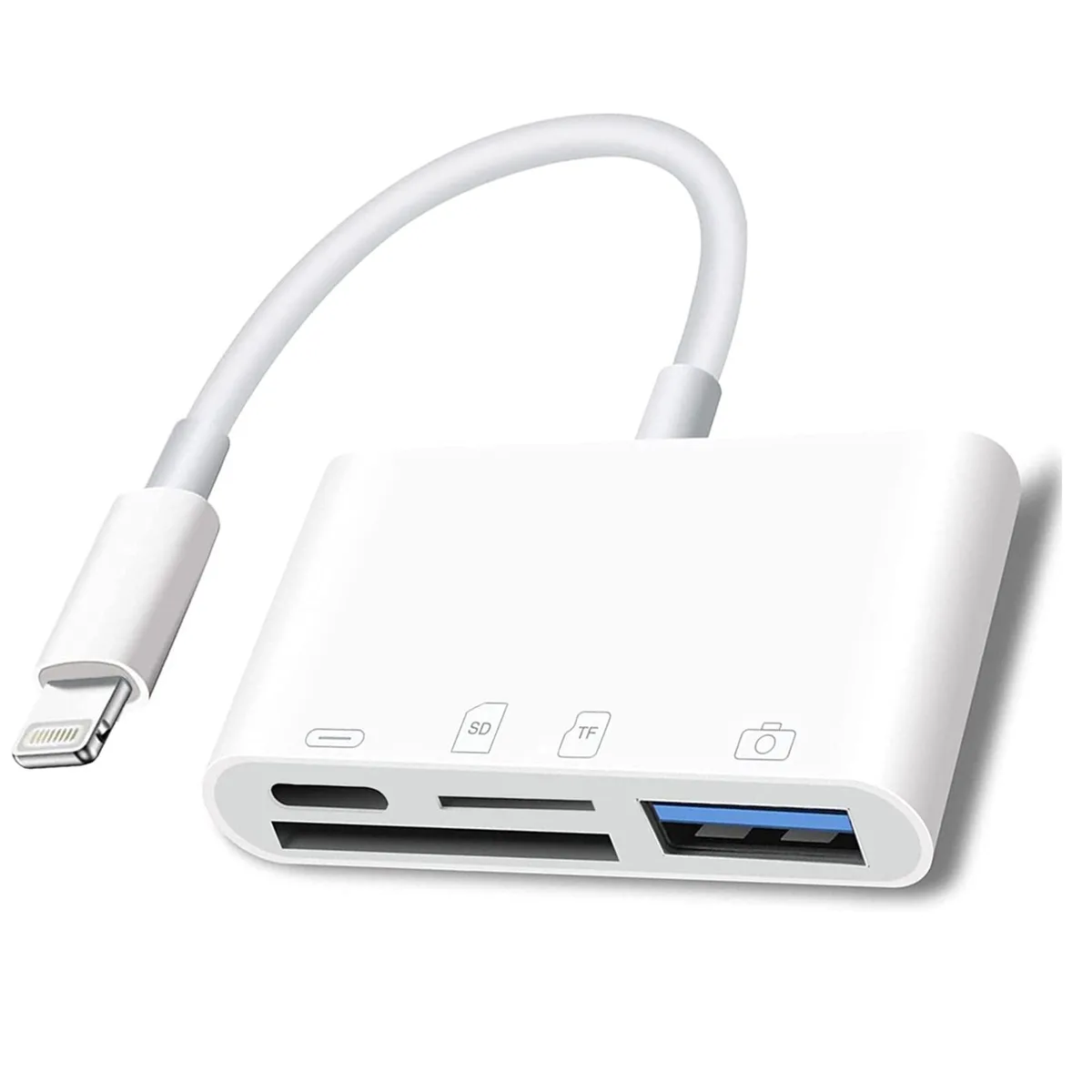 Compact white Lightning adapter with SD, microSD, USB-A and charging ports