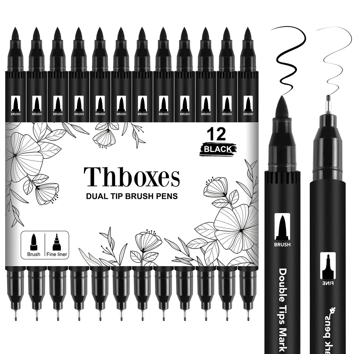 12 black dual-tip pens with brush and fine tips, blue leather finish