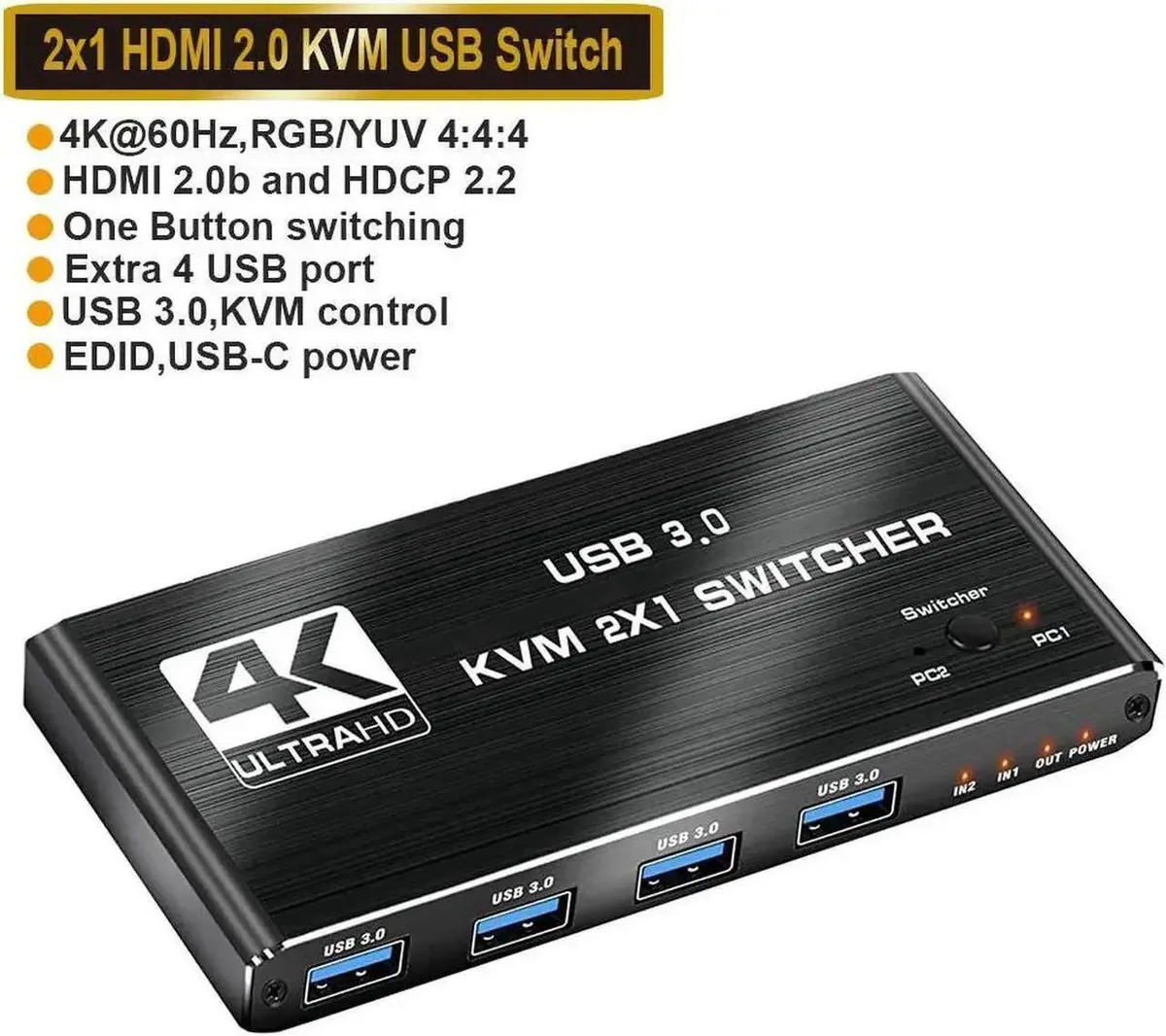 Vszerda Vszerda USB 3.0 KVM Switch 2 In 1 Out 4K60Hz EDID HDCP 2.3 — product photo