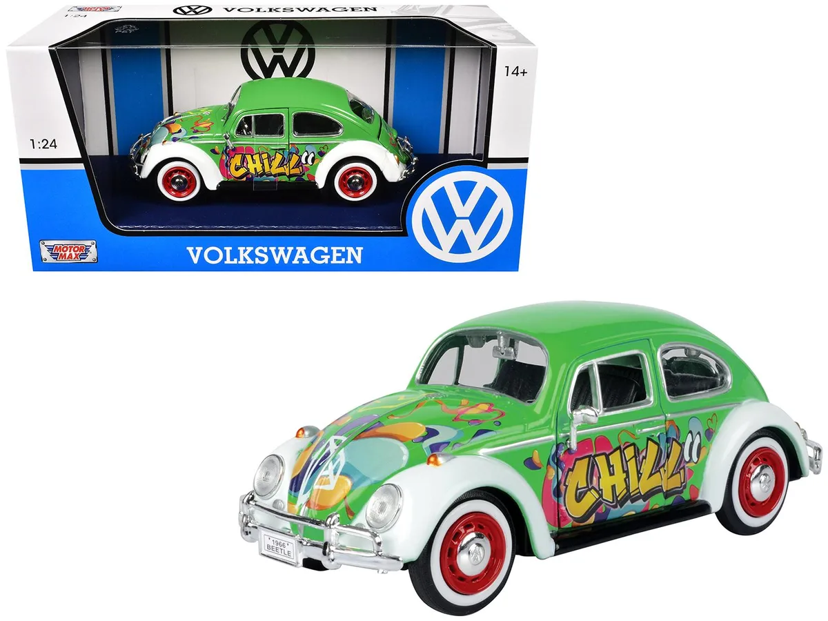 MOTORMAX MOTORMAX 1966 Volkswagen Beetle Green with Graffiti Graphics 1/24 Diecast hobby collectible — product photo