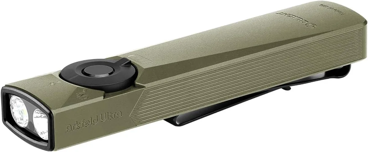 Olive-green flat EDC flashlight with matte finish and angular edges