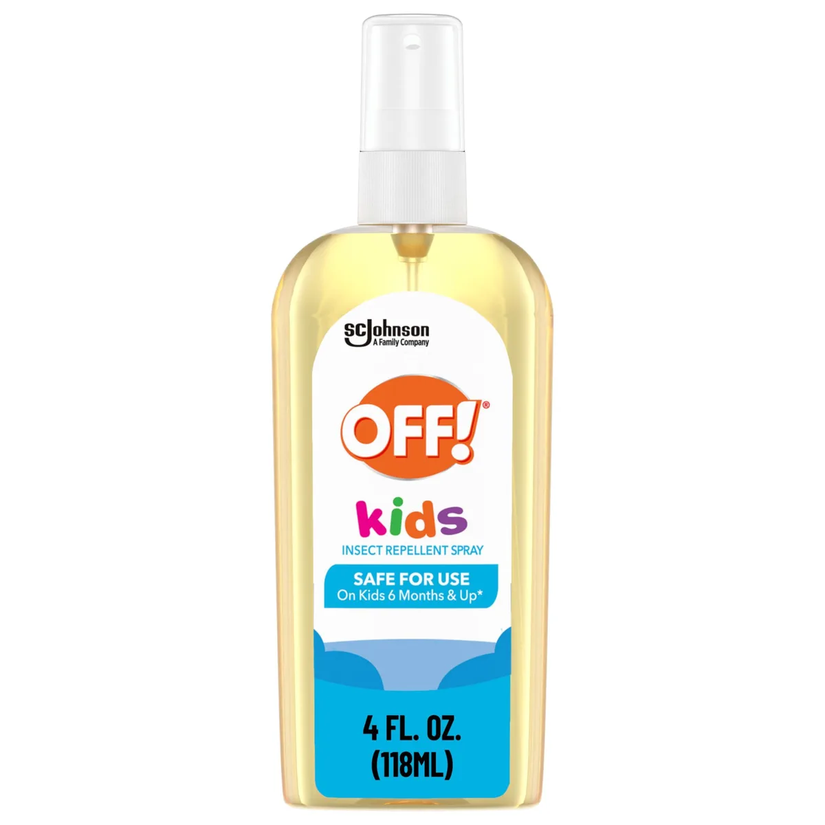 White pump spray bottle labelled OFF! Kids 4 oz