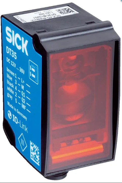 Rectangular industrial sensor with red laser aperture and cable gland