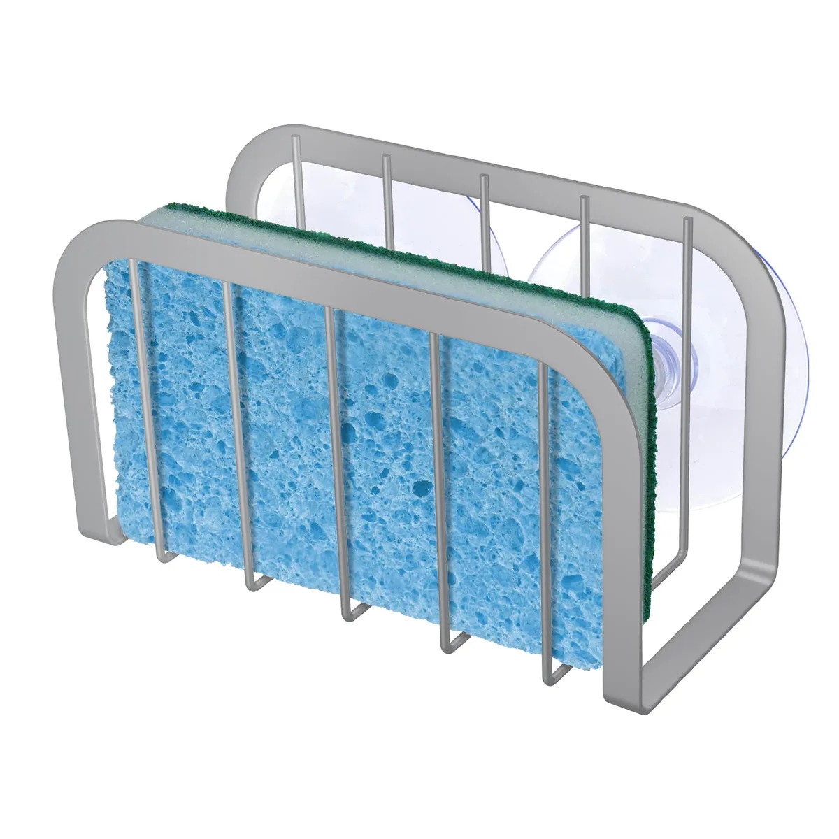 Silver kitchen sink caddy with sponge holder, open hollow design, compact rectangular shape