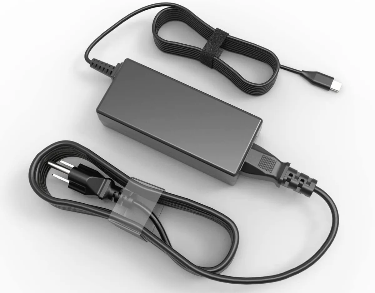 Compact black USB-C laptop charger with detachable power cord
