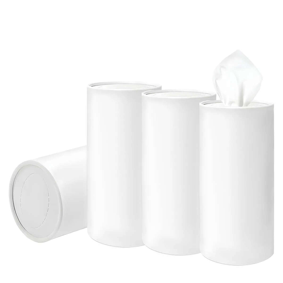 Four white cylindrical tissue holders with marble pattern, cup-holder size