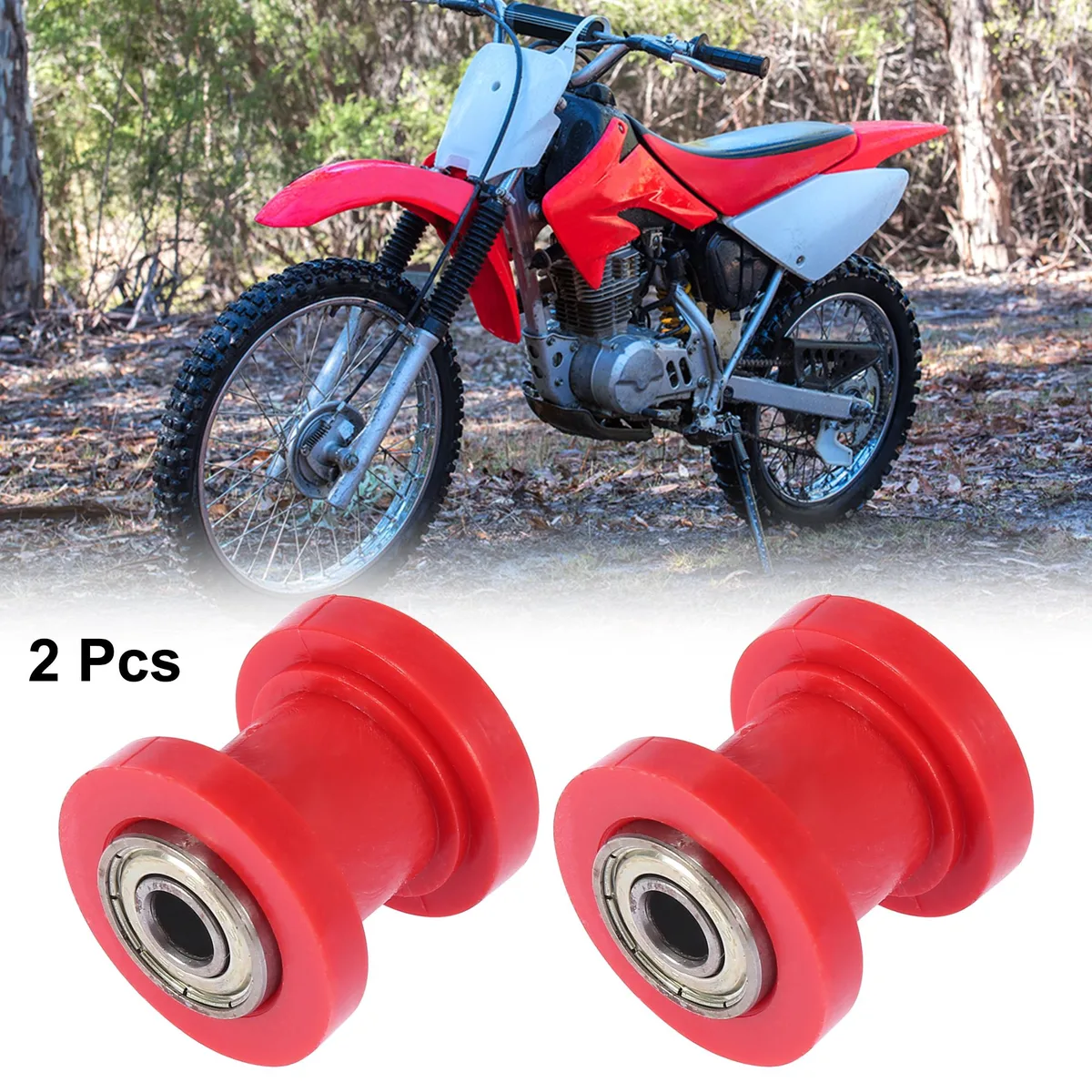 Two red chain tensioner rollers, 36mm diameter, 8mm bore