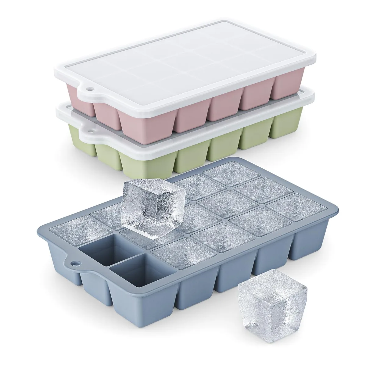 Three pastel silicone ice-cube trays with lids, each forming fifteen 1.2-inch square cubes