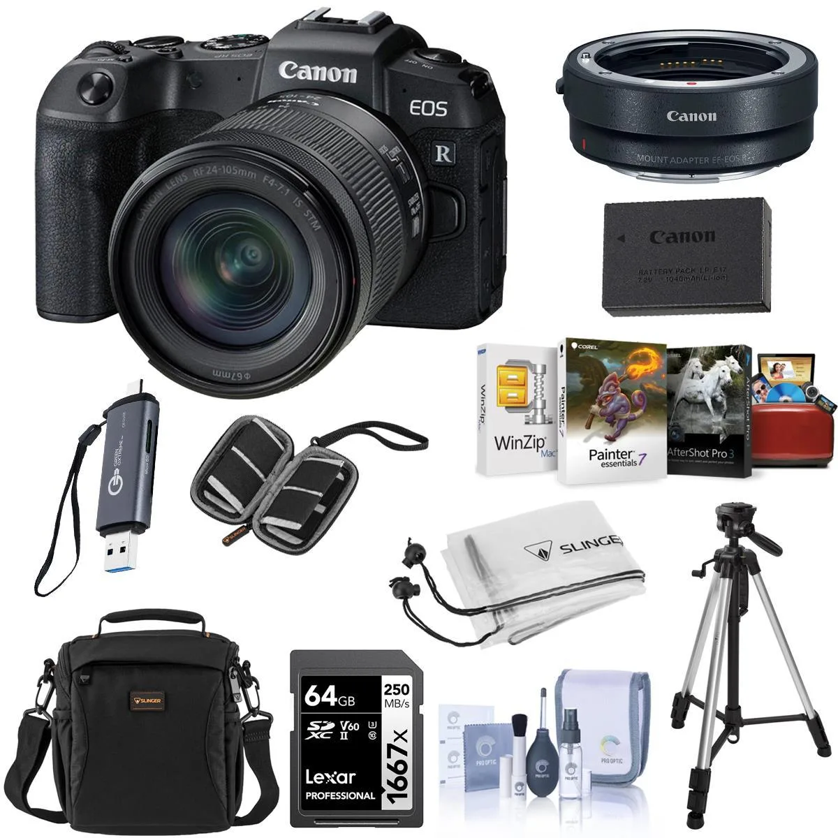 Black Canon EOS RP mirrorless camera with RF 24-105mm f/4-7.1 IS STM lens attached