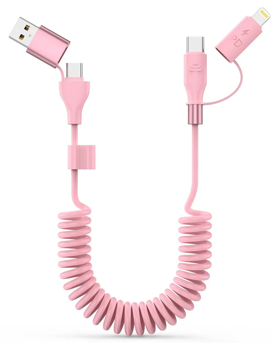 Pink coiled 4-in-1 USB-C Lightning cable with retractable spring design and multiple connector tips
