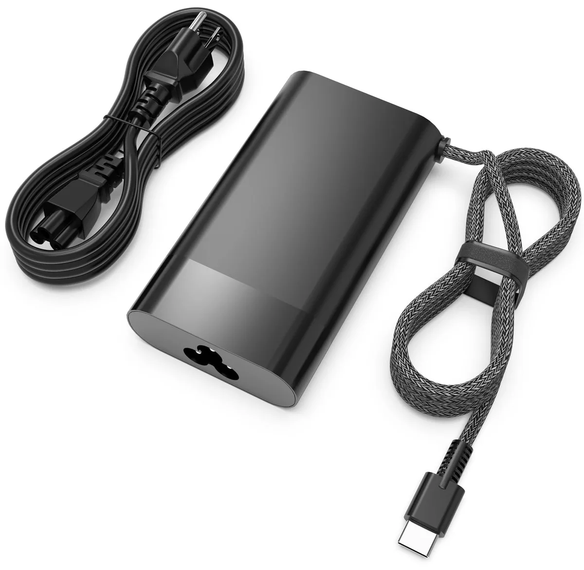 A compact black rectangular USB-C power adapter with a detachable cord
