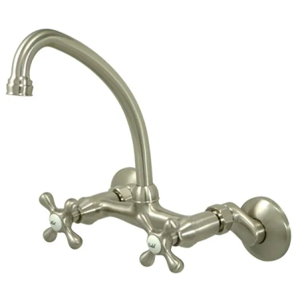 Satin nickel wall-mounted kitchen faucet with two-hole design