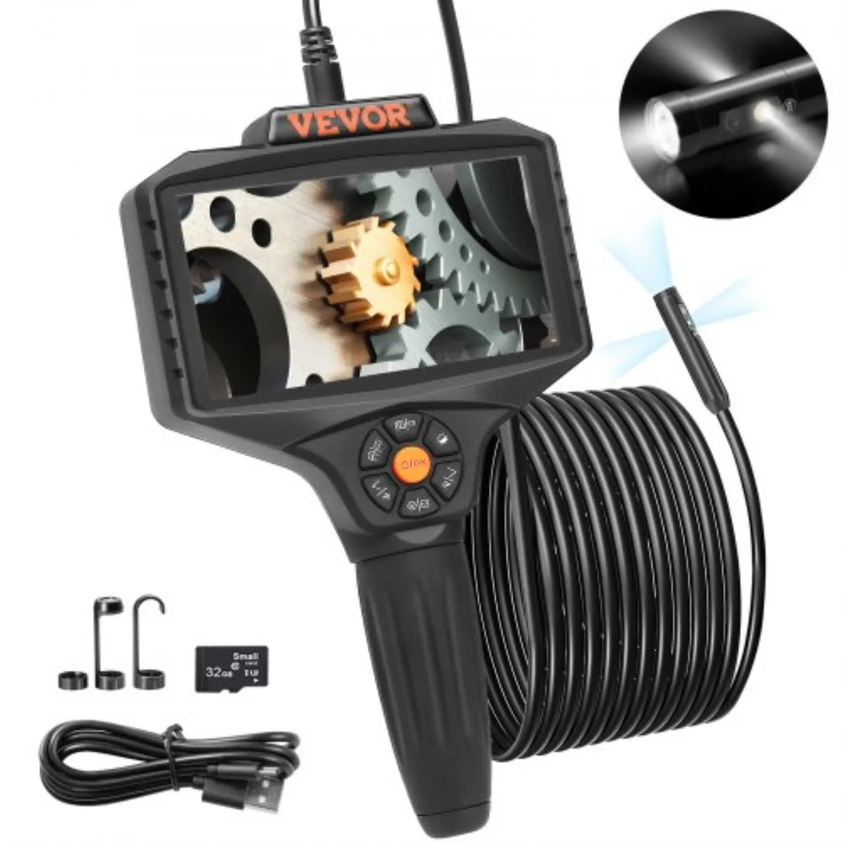 VEVOR triple-lens borescope with 5-inch IPS screen, 16.5-foot semi-rigid cable, 8mm diameter probe, 10 adjustable LEDs