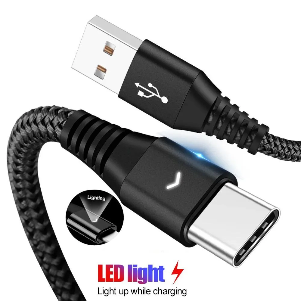 Black braided USB-C cable with LED indicator, 2m length