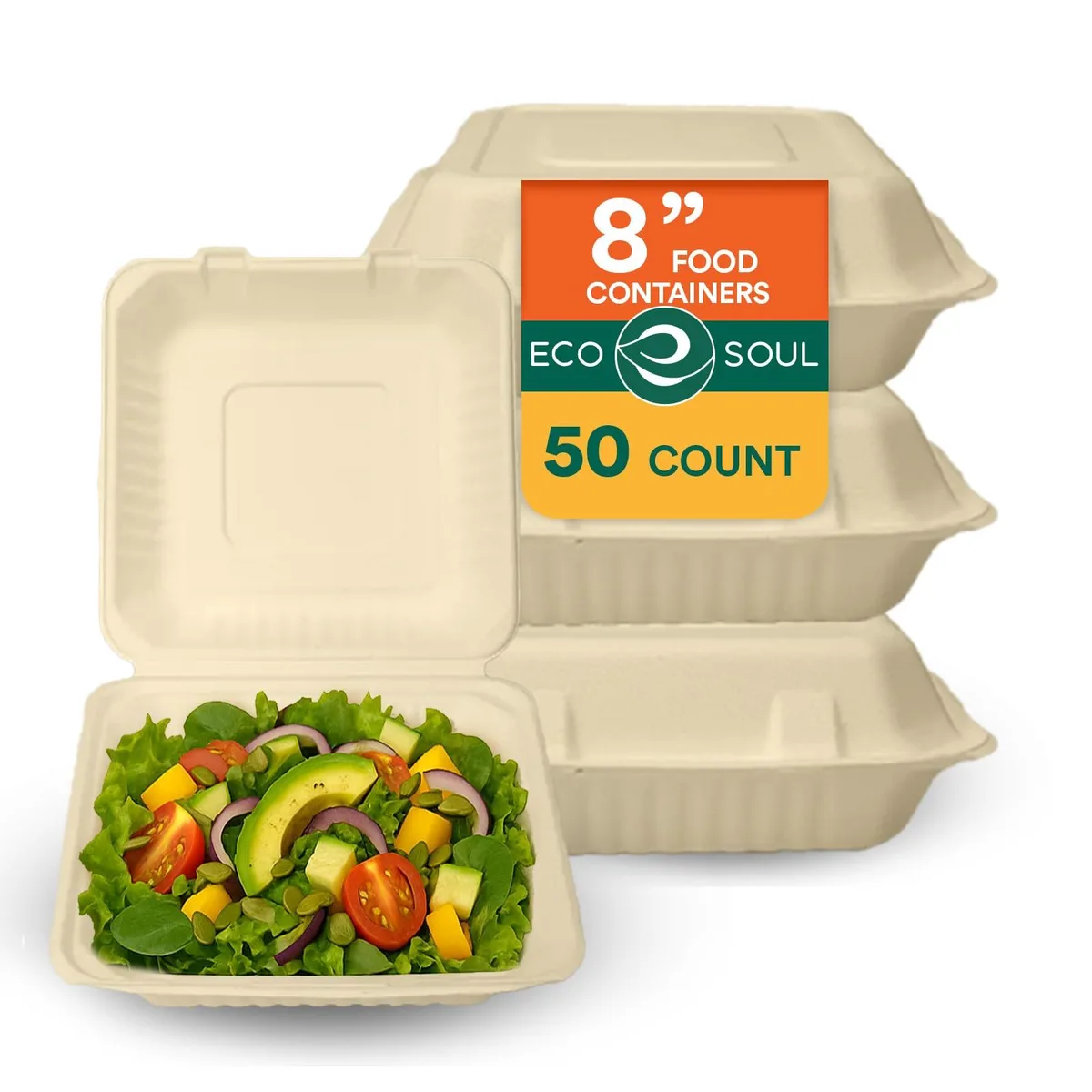 Red compostable clamshell food containers, 50-pack