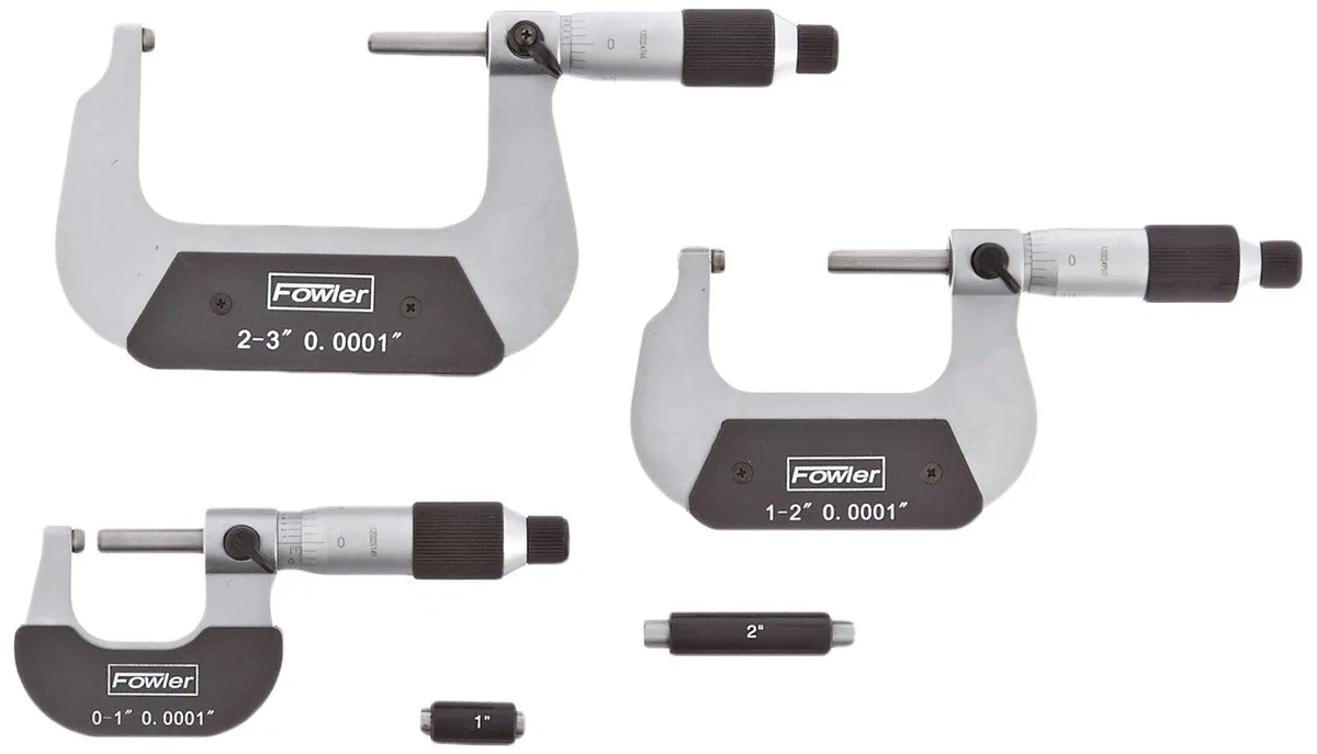 Three satin-chrome micrometers with carbide faces in fitted case