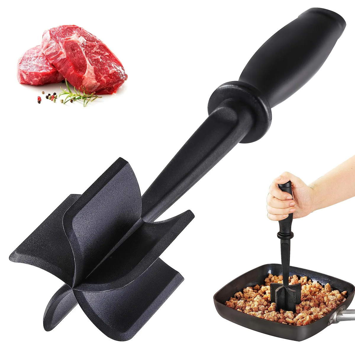 Black nylon meat masher with five curved blades and ergonomic handle