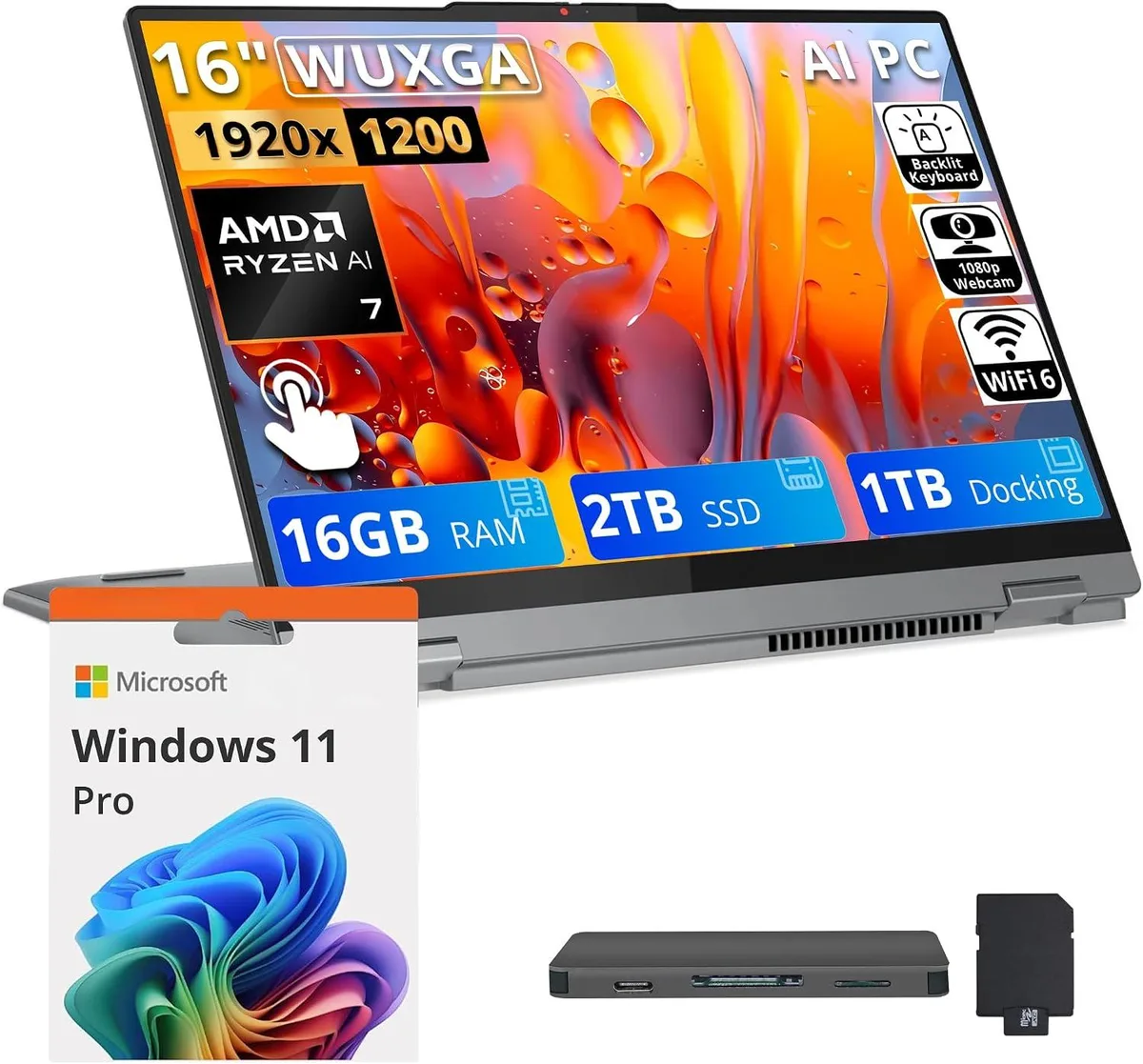 Lenovo Lenovo IdeaPad 5 2-in-1 16" WUXGA Touchscreen AMD Ryzen 7 8845HS 16GB 2TB SSD+1TB Dock Grey — product photo