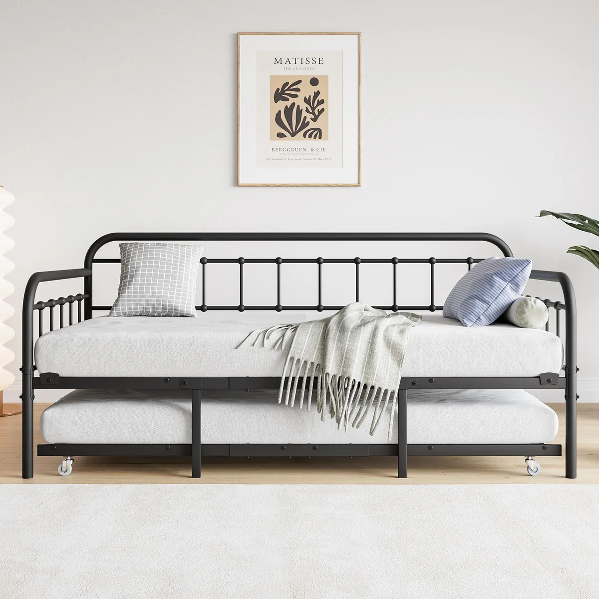 Black metal twin daybed frame with pull-out trundle and headboard