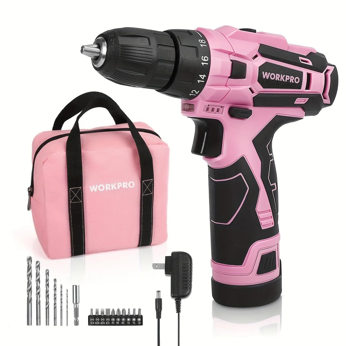 Pink 12V cordless drill driver set with keyless chuck, battery, charger, bits and storage bag