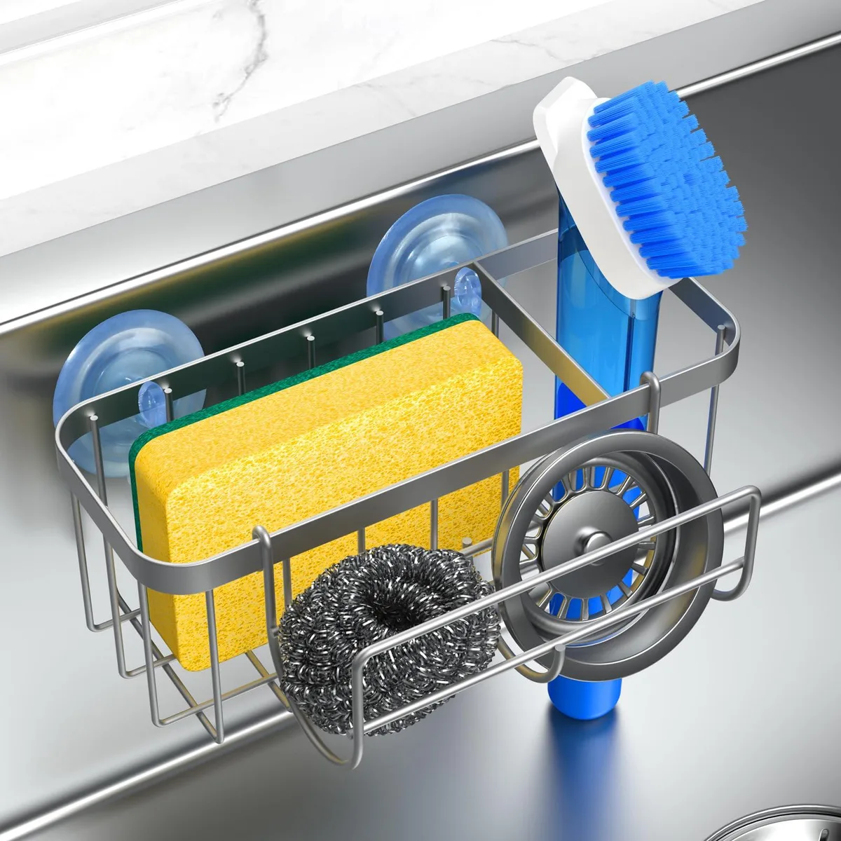 Red plastic sink caddy with two tiers, suction cups, extra rack and sponge holder